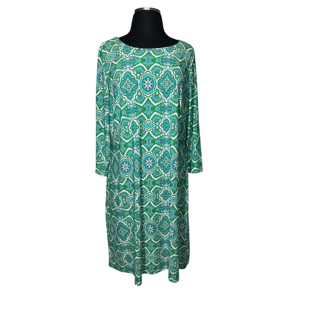 Tommy Hilfiger Jersey Paisley Shift Dress Knee Length Jewel Neck Sz 14 Teal